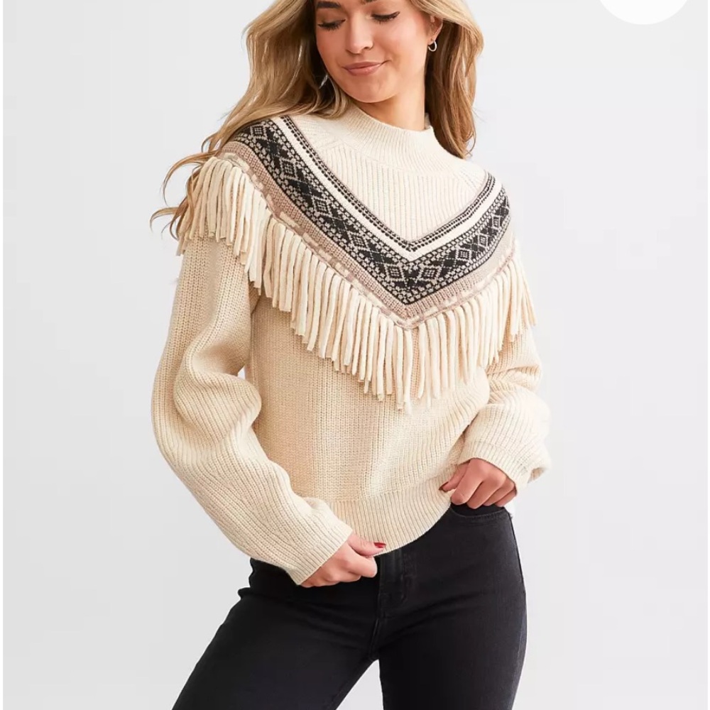 Z Supply Beige and Black Fringed Turtleneck Sweater